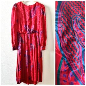 Adrianna Papell 100% Silk 90s Boho Paisley Long Puff Sleeve Pleated Midi Dress 8
